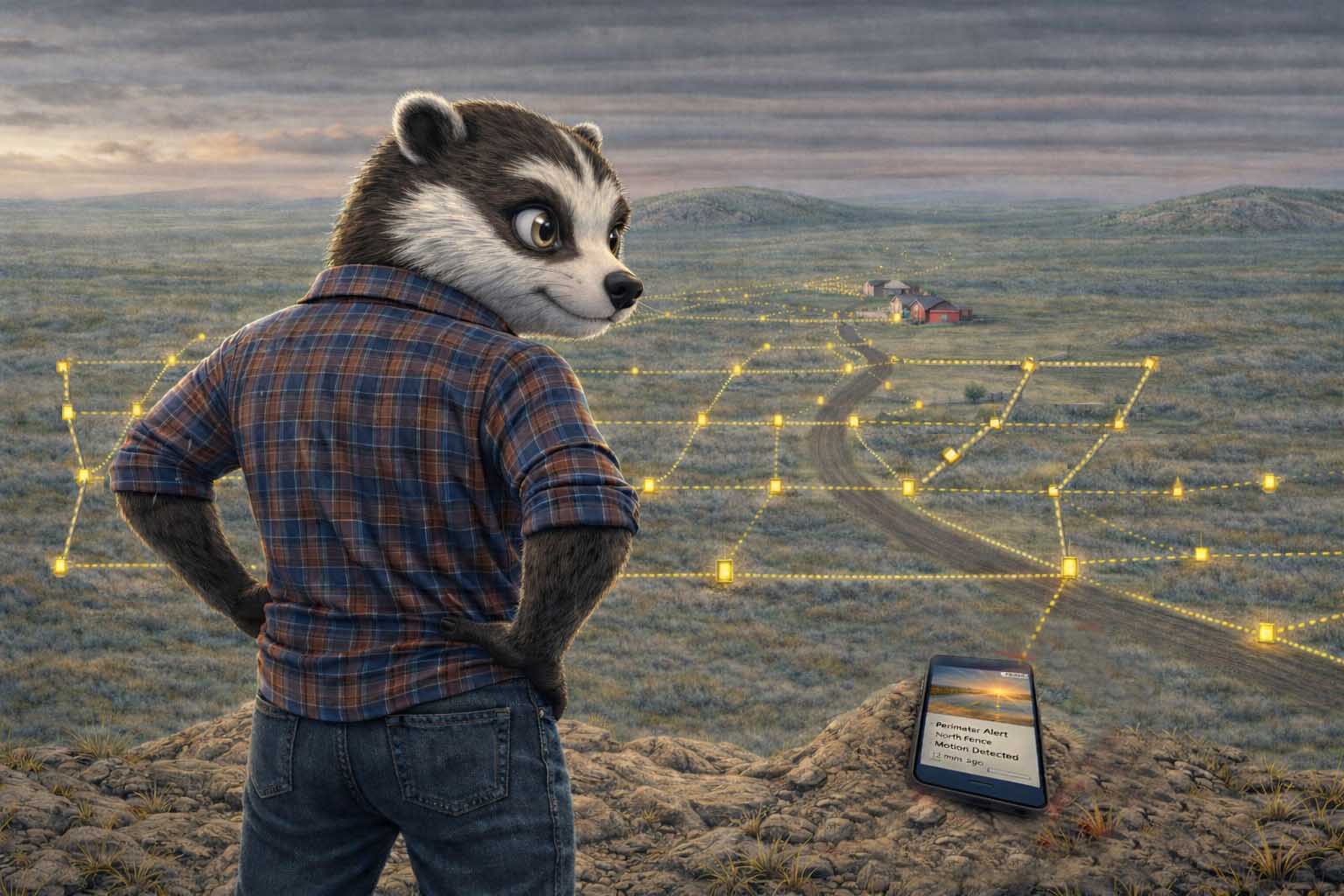 AlertBadger Long-Range Property Awareness Network Illustration of AlertBadger long-range mesh network technology providing real-time property awareness across gates, roads, buildings, and remote acreage